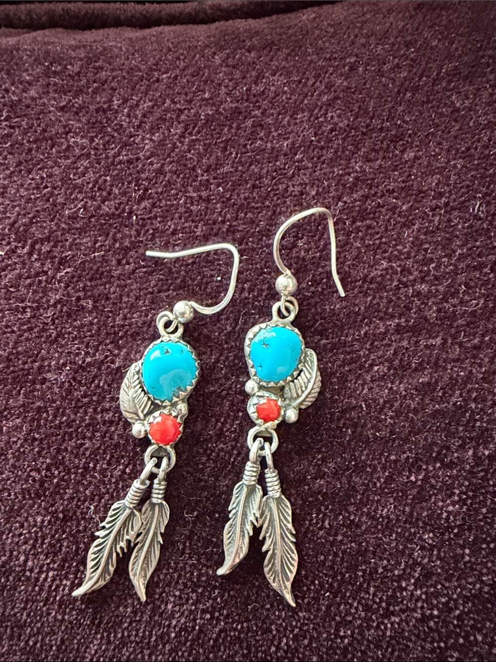 Turquoise & Coral Feather Drop Earrings - Silver Tone